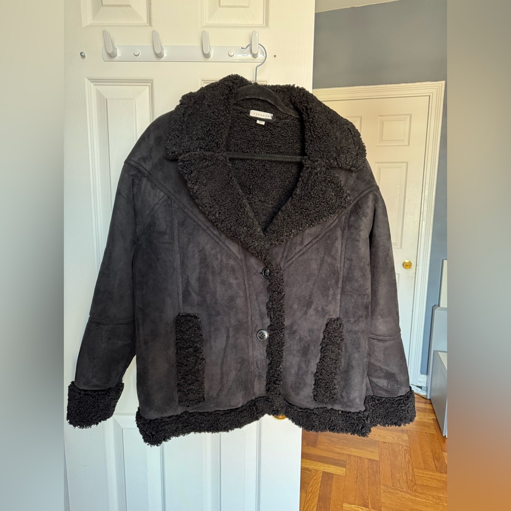 Topshop faux fur shearling car coat in black. Size 6.